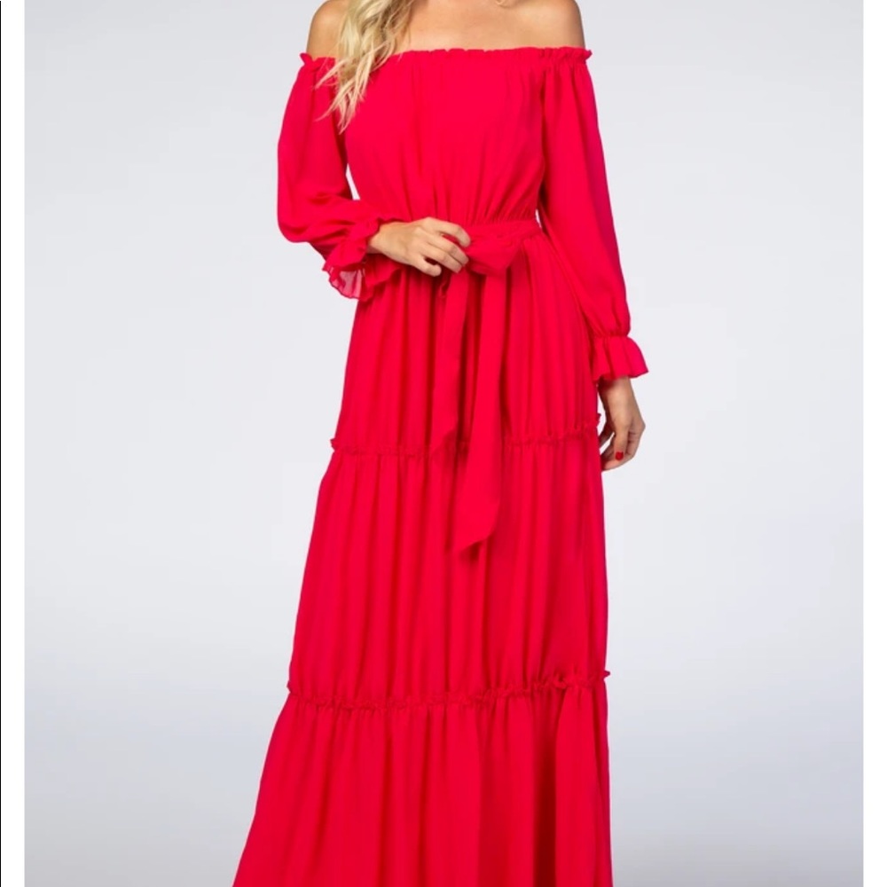 Pinkblush tiered off the shoulder maxi dress. Worn once for maternity photos!